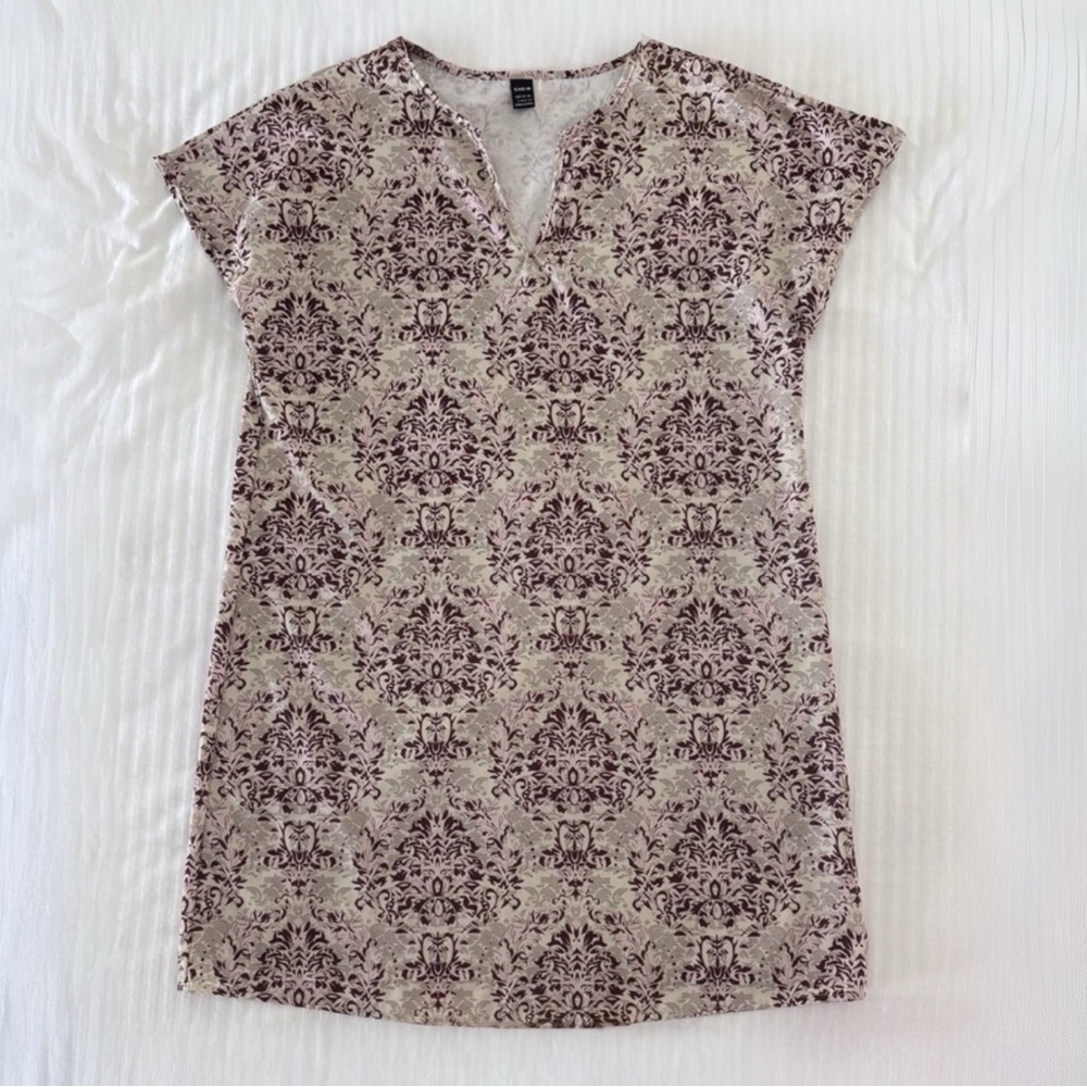 SHEIN Women’s V-Neck Dress Cap Sleeve Beige & Burgundy Casual Boho Size Large